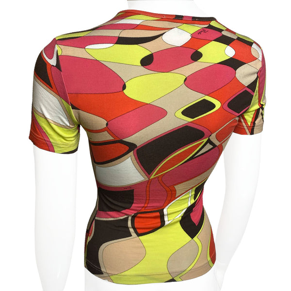 Pucci short sleeve top in pink, red, yellow, brown print. Made in Italy 