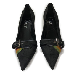 Dior "Rasta" Quilted Pumps from Fall 2004 Ready to Wear Collection. Canvas Dior cannage quilted with leather accents, black pointed toe, rubber sole, silver buckles with red, yellow and green accent ribbon. Size 40 