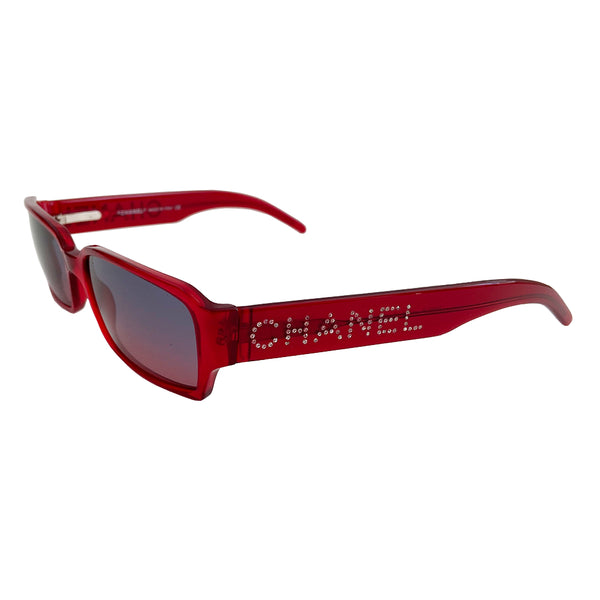 Chanel Rectangle Swarovski Sunglasses in red circa 1990’s, excellent condition, no scratching on lenses with rectangular acetate frames and gradient lenses that transition from grey to red. CHANEL printed out on each arm in swarovski crystals Style: 5060-B. Original box, case and cleaning cloth and cards included. All in excellent condition 