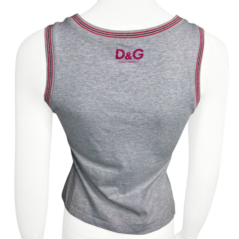 Grey V-neck tank with with knit copper & pink ribbing on collar and arm hole edges. "D&G Damned Hot Sizzling Summer" neon green, yellow, purple, blue front graphic, D&G glitter logo at upper back. Made in Italy 