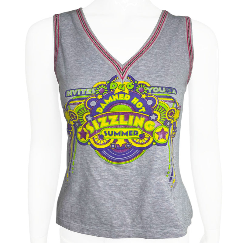 Grey V-neck tank with with knit copper & pink ribbing on collar and arm hole edges. "D&G Damned Hot Sizzling Summer" neon green, yellow, purple, blue front graphic, D&G glitter logo at upper back. Made in Italy 
