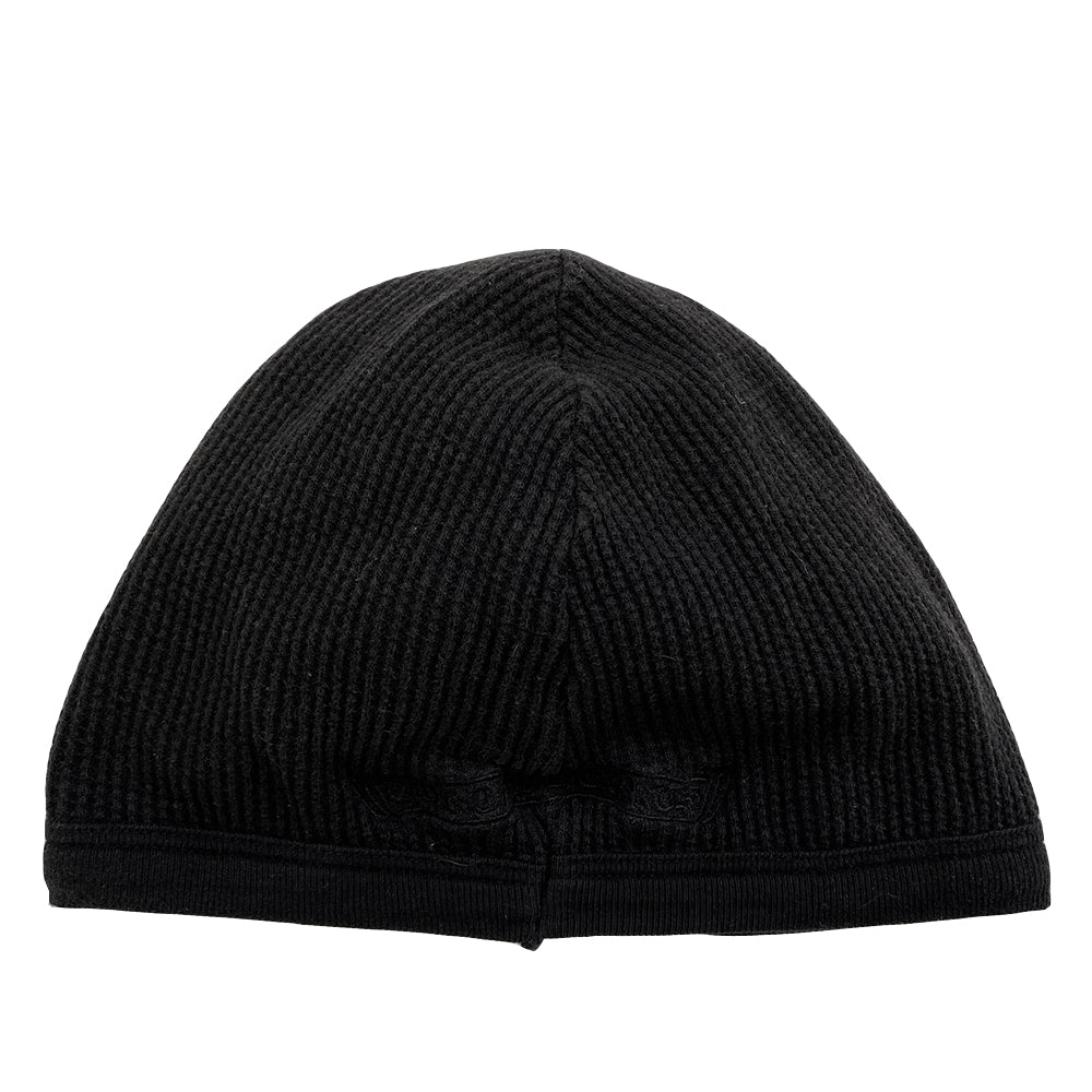 Chrome Hearts black dagger embroidered thermal waffle fabric beanie with tonal front embroidered dagger and embroidered Chrome Hearts scroll on back. Soft jersey lining with rib knit exterior hem. 100% Cotton. Made in USA 