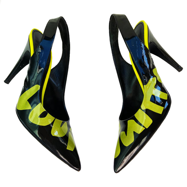 Louis Vuitton Monogram Graffiti Stephen Sprouse collection slingback heels from 2008 in patent calf leather upper and 3" patent heels, leather sole. Black with neon green Louis Vuitton graffiti Size: IT 39. Made in Italy. Size 9