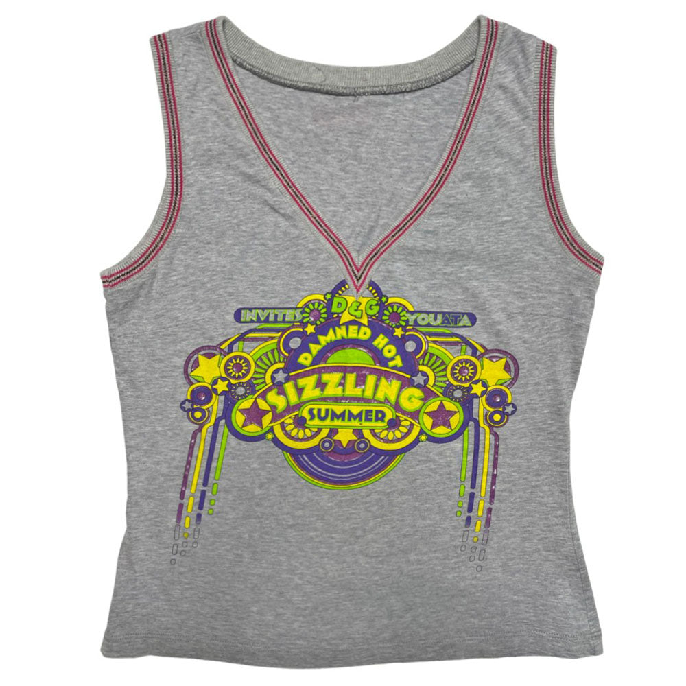 Grey V-neck tank with with knit copper & pink ribbing on collar and arm hole edges. "D&G Damned Hot Sizzling Summer" neon green, yellow, purple, blue front graphic, D&G glitter logo at upper back. Made in Italy 