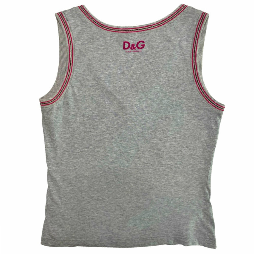 Grey V-neck tank with with knit copper & pink ribbing on collar and arm hole edges. "D&G Damned Hot Sizzling Summer" neon green, yellow, purple, blue front graphic, D&G glitter logo at upper back. Made in Italy 