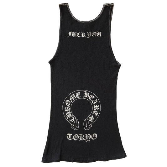 Chrome Hearts black with white print Tokyo tank with dagger design at chest and Fuck you with Chrome Hearts logo horseshoe banner, Tokyo in back. Made in USA 