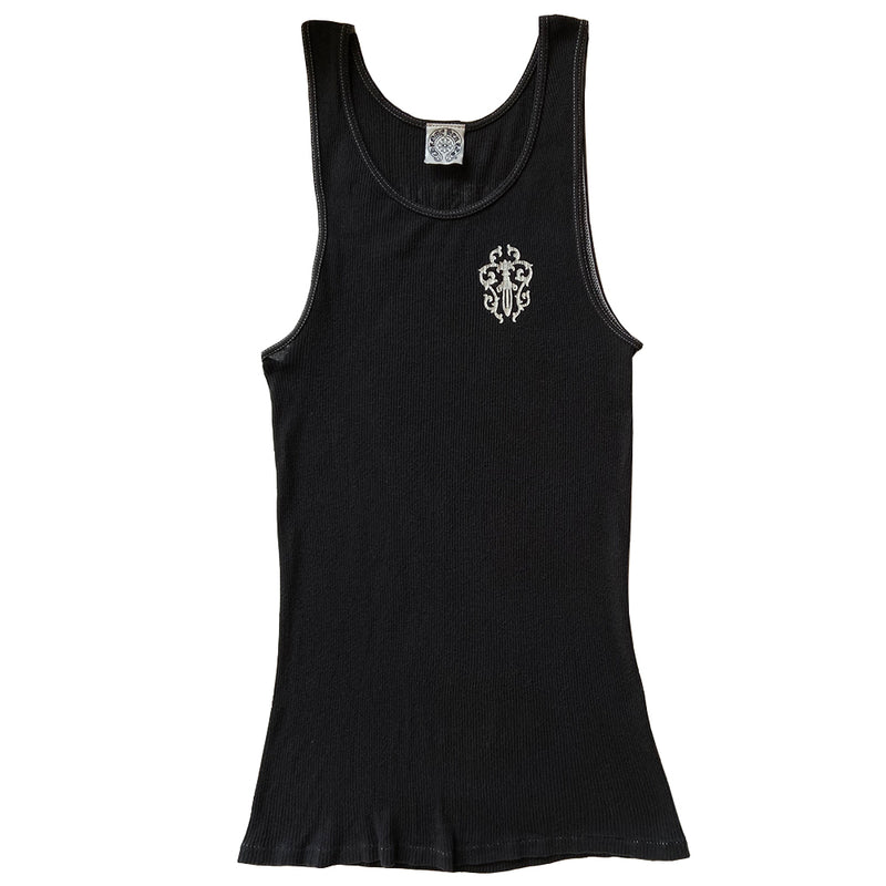 Chrome Hearts black with white print Tokyo tank with dagger design at chest and Fuck you with Chrome Hearts logo horseshoe banner, Tokyo in back. Made in USA 
