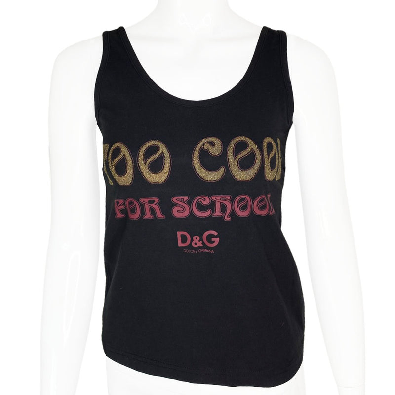 D & G Too Cool for School tank top with caviar beads and crystal embellished lettering with D & G logo at front. Cut out detail in back. Made in Italy 