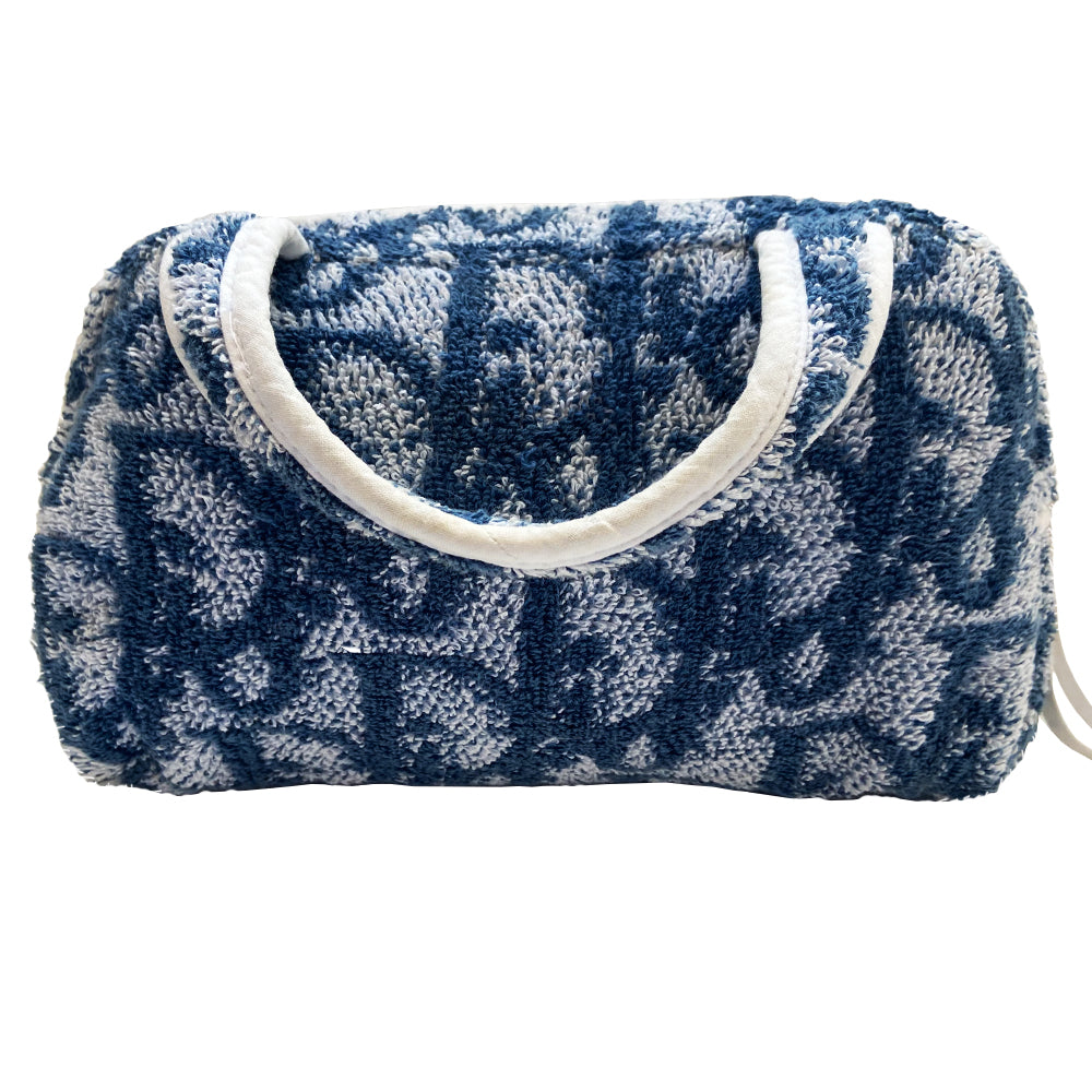 Christian Dior navy monogram mini terry fabric boston bag circa 2005 with No. 2 white appliqué in front, white piping on handles and at zipper, waterproof vinyl interior with 2 slip pockets, zipper closure, white textile ribbon zipper pull. 