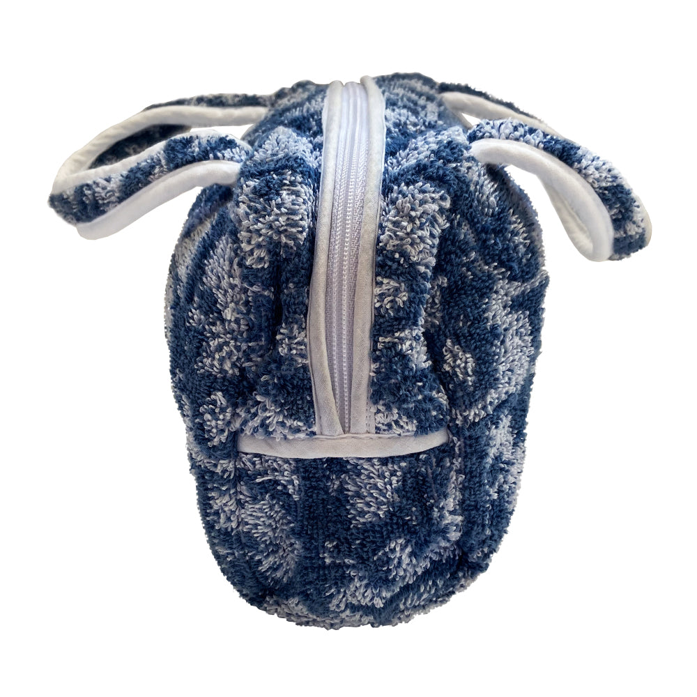 Christian Dior navy monogram mini terry fabric boston bag circa 2005 with No. 2 white appliqué in front, white piping on handles and at zipper, waterproof vinyl interior with 2 slip pockets, zipper closure, white textile ribbon zipper pull. 