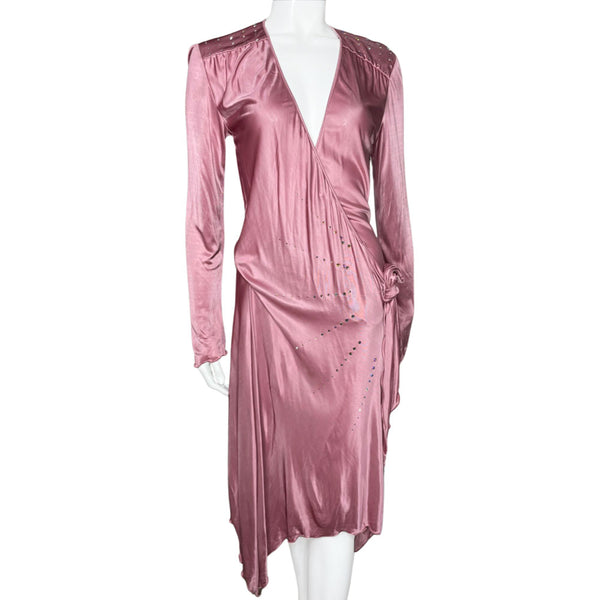 Emmanuel Ungaro Fuchsia line, circa 2004 draped long sleeved V neck tie wrap satin dress with rainbow Swarovski crystal panels at shoulders and through the side body, uneven hemline. Made in Italy 