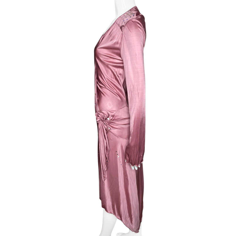 Emmanuel Ungaro Fuchsia line, circa 2004 draped long sleeved V neck tie wrap satin dress with rainbow Swarovski crystal panels at shoulders and through the side body, uneven hemline. Made in Italy 