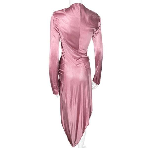 Emmanuel Ungaro Fuchsia line, circa 2004 draped long sleeved V neck tie wrap satin dress with rainbow Swarovski crystal panels at shoulders and through the side body, uneven hemline. Made in Italy 