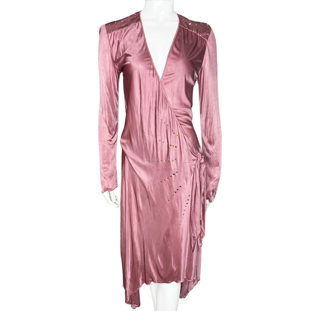 Emmanuel Ungaro Fuchsia line, circa 2004 draped long sleeved V neck tie wrap satin dress with rainbow Swarovski crystal panels at shoulders and through the side body, uneven hemline. Made in Italy 