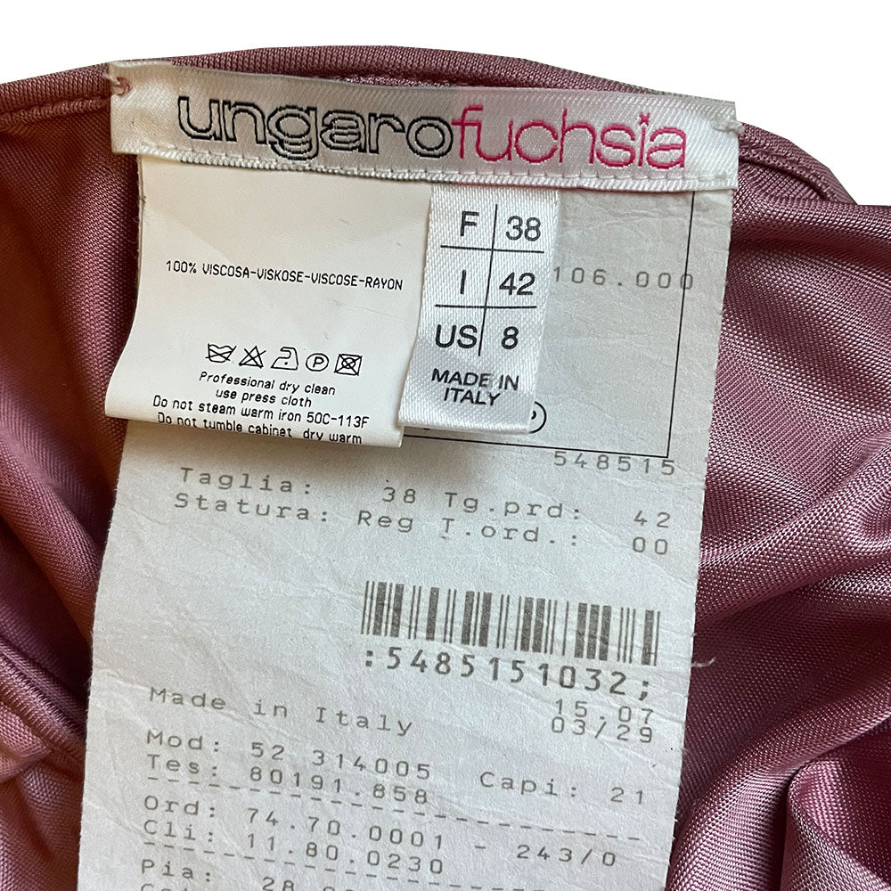 Emmanuel Ungaro Fuchsia line, circa 2004 draped long sleeved V neck tie wrap satin dress with rainbow Swarovski crystal panels at shoulders and through the side body, uneven hemline. Made in Italy 