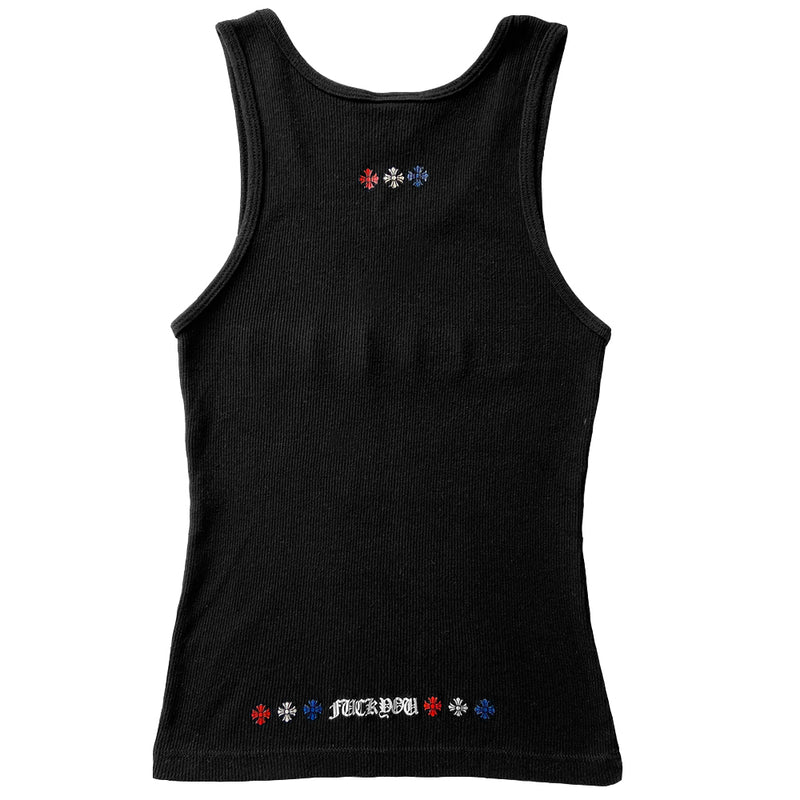 Chrome Hearts stars and stripes black tank circa early 2000’s with signature Chrome Hearts logo scroll banner and red, white and blue American flag design at chest, 3 small red, white and blue crosses at upper back, Fuck You with red white and blue crosses at either side. Made in USA 