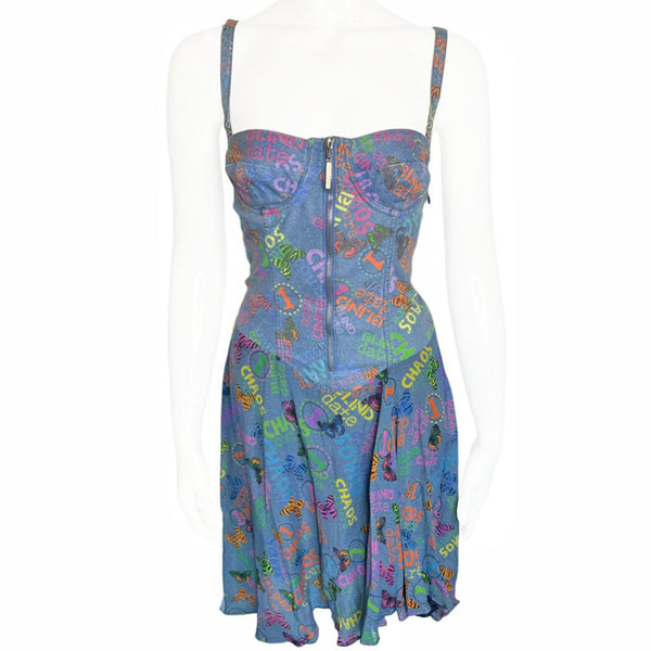 Versace Jeans Couture 1990's blue, pink, orange, yellow printed dress featuring butterflies & graffiti with a light weight denim bodice, adjustable straps, silver tone front zip,  invisible side zip for fit, boning in cups. Angled printed chiffon skirt with solid navy chiffon lining. Butterfly patch in back, silver-tone studs.  Made in Italy 