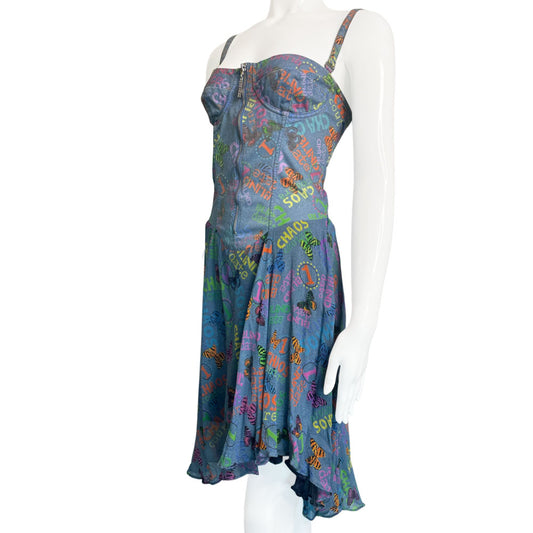 Versace Jeans Couture 1990's blue, pink, orange, yellow printed dress featuring butterflies & graffiti with a light weight denim bodice, adjustable straps, silver tone front zip,  invisible side zip for fit, boning in cups. Angled printed chiffon skirt with solid navy chiffon lining. Butterfly patch in back, silver-tone studs.  Made in Italy 