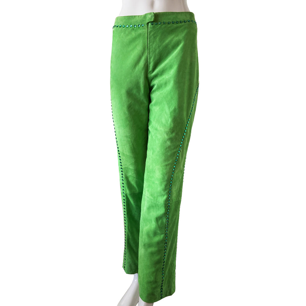 Very rare Gianni Versace Swarovski Crystal Suede Pants, circa late 80's early 90’s. High waisted with straight leg with invisible zipper and top hook front closure. Hand stitched rows of emerald colored swarovski crystals decorate the back, front and waistband Fabric: 100% suede leather, Acetate/Rayon lining 
