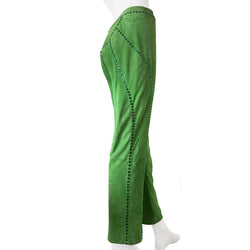 Very rare Gianni Versace Swarovski Crystal Suede Pants, circa late 80's early 90’s. High waisted with straight leg with invisible zipper and top hook front closure. Hand stitched rows of emerald colored swarovski crystals decorate the back, front and waistband Fabric: 100% suede leather, Acetate/Rayon lining 