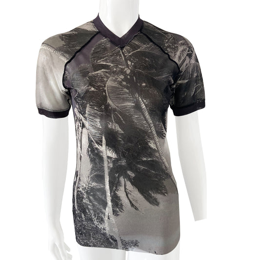 Jean Paul Gaultier short sleeve tee by Jean Paul Gaultier Homme, circa 1990’s V neck short sleeved tee with black and white printed palm trees in front and back Black banded neckline and sleeves. Made in Japan 