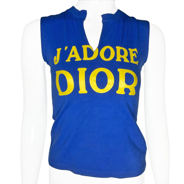 John Galliano for Christian Dior, Winter 2001 sleeveless royal blue crew neck tank with yellow J’Adore Dior printed in fron land World Champion 1947 on back. Made in Italy 