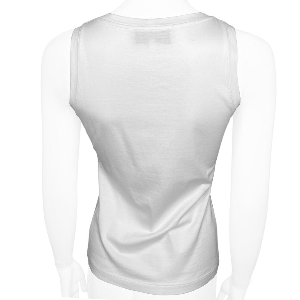 YSL Rive Gauche 100% cotton white tank with black velvet appliqué YSL logo at front. Made in Italy 
