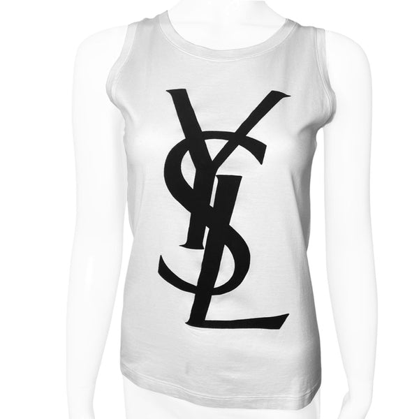 YSL Rive Gauche 100% cotton white tank with black velvet appliqué YSL logo at front. Made in Italy 