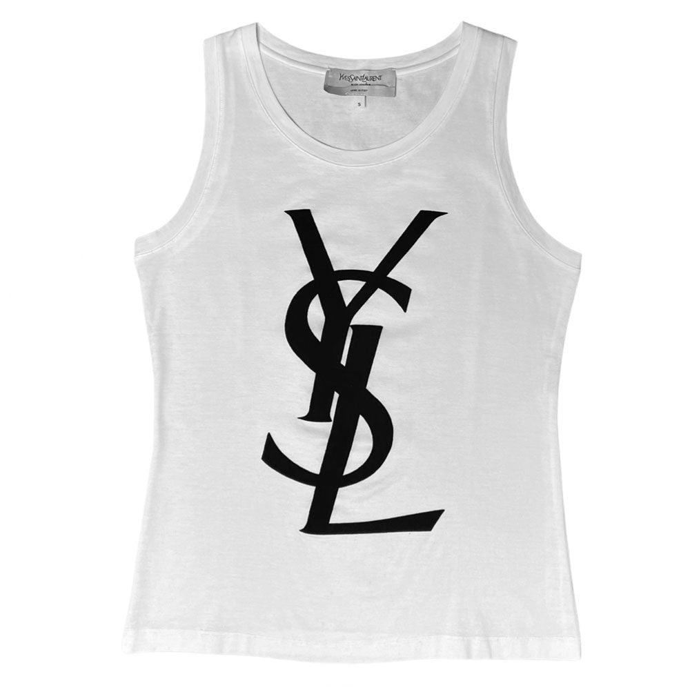 YSL Rive Gauche 100% cotton white tank with black velvet appliqué YSL logo at front. Made in Italy 