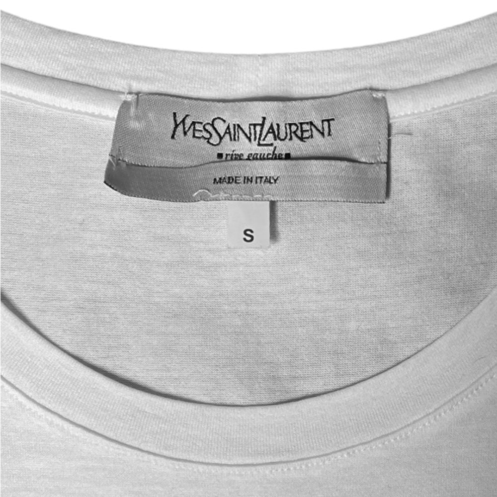 YSL Rive Gauche 100% cotton white tank with black velvet appliqué YSL logo at front. Made in Italy 