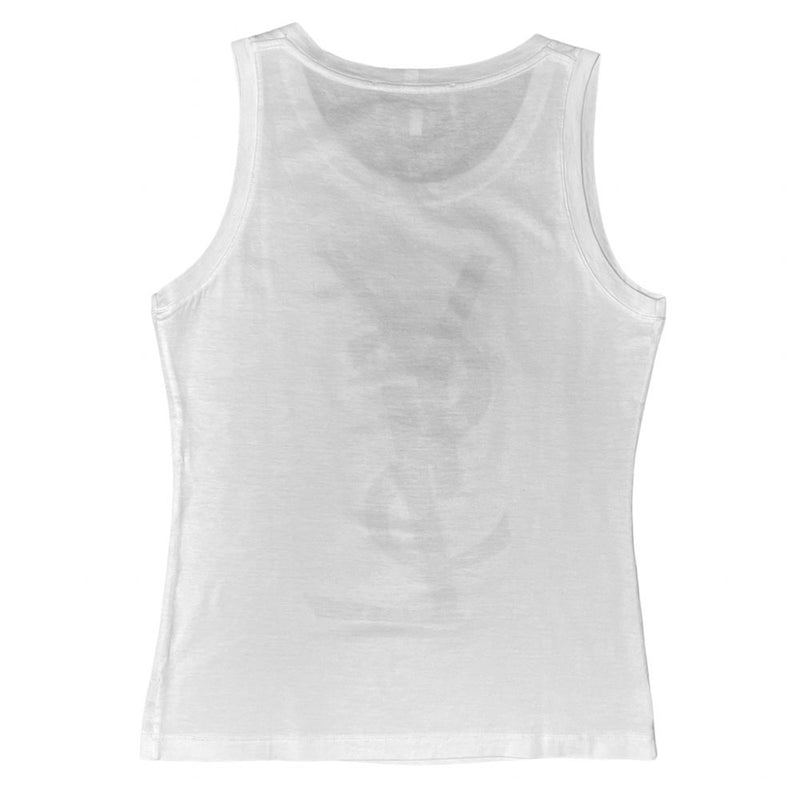 YSL Rive Gauche 100% cotton white tank with black velvet appliqué YSL logo at front. Made in Italy 