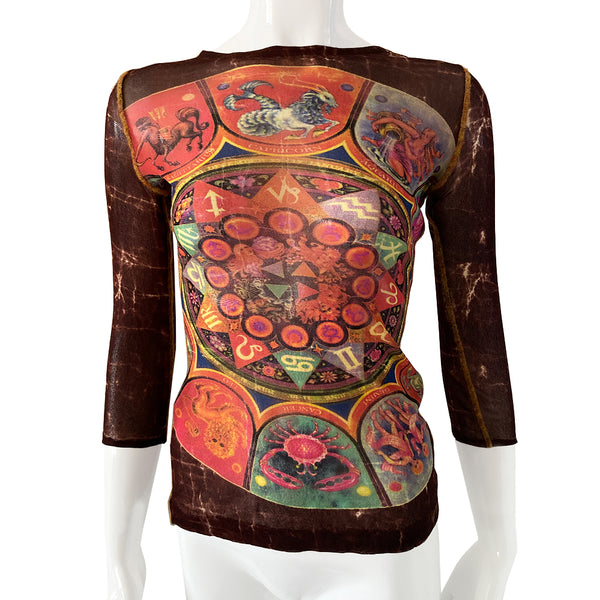 Jean Paul Gaultier Astrology mesh top by Jean Paul Gaultier Maille Classique, FW 1998. Three quarter sleeve mesh fabric featuring signs of the zodiac in front with yellow accent serge stitching at arms, side seams and neckline. Color: Brown/Multi. Made in Italy